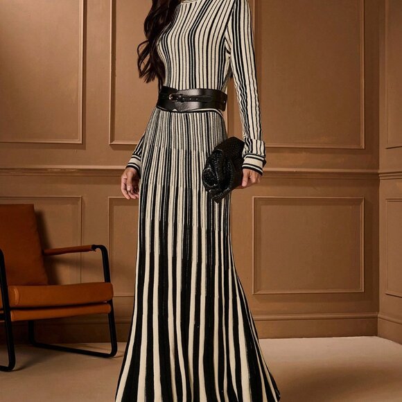 Multicolor Long Sleeve Waist Cinched Women's Sweater Dress - Picture 8 of 9